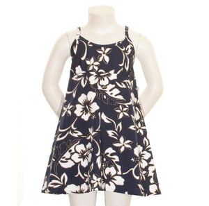 Classic Hibiscus Pareo Girls Spaghetti Strap Dress(811-p1272) ~ Navy