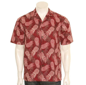 Hilo Hattie Pineapple upside-down Poly Cotton Men's Aloha Shirt ~ Burgundy