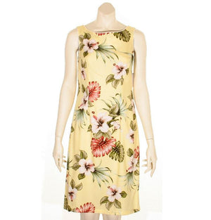 Yellow Hibiscus Floral Women's Short Piped Neck Dress(65404r-TEH210)