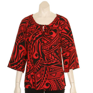 Hilo Hattie Tribal Peasant Blouse 3/4 sleeve - Red