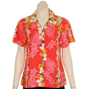 TLL031 - Plumeria Panel Women's Camp Blouse~ Coral