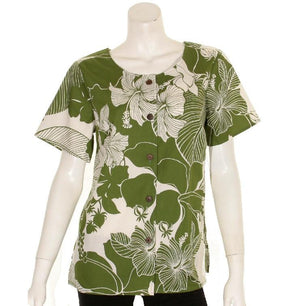 Women's Cotton Hibiscus Round Neck Top ~ Green