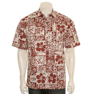 Blocky Tapa Classic Sandcloth ™ Reverse Print Full Placket Aloha Shirt(543-p91191) - Burgundy