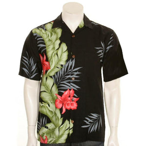 Hilo Hattie Orchid Panel Rayon Dobby Men's Aloha Shirt (11604-TT70077) - Black