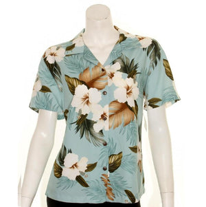 TBD005 - Floral Women's Camp Blouse~ Turquoise