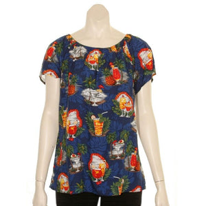 Hilo Hattie Tropical Martini Rayon Women's Peasant Blouse (TT423-70158) - Navy