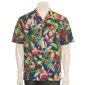 Hilo Hattie Original "Tropical Parrot" Cotton Men's Aloha Shirt ~ Navy