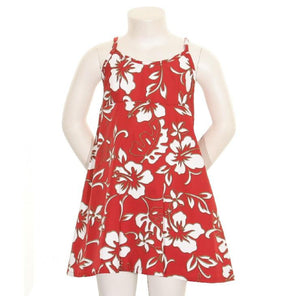 Classic Hibiscus Pareo Girls Spaghetti Strap Dress(811-p1272) ~ Red