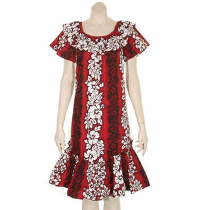 Hibiscus Pareo Panel Double Ruffle Short Muu Muu(23706-TKR471) ~Red