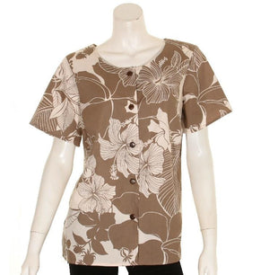 Women's Cotton Hibiscus Round Neck Top ~ Taupe