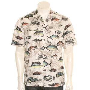 Hilo Hattie Gone Fishing Cotton Men's Aloha Shirt ~ Cream