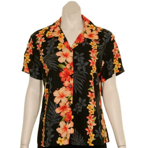 TLL031 - Plumeria Panel Women's Camp Blouse~ Black