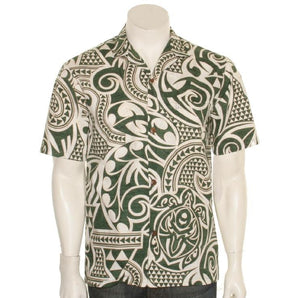 Hilo Hattie Tribal Tattoo Men's Aloha Shirt ~ Green