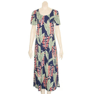 Hilo Hatte  Heliconia Garden  Tea Length Dress (326-TT70117)- Navy