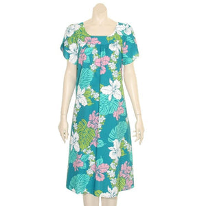 Hilo Hattie  Poly-Cotton Tulip Sleeve Dress - Jade