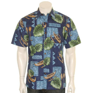 Men's NEW Canoe Reverse Print Aloha Shirt (H60188)~ NAVY