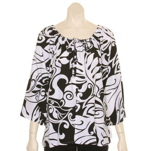 Monstera Swirl  Peasant Top 3/4 Sleeve ~ Black/White