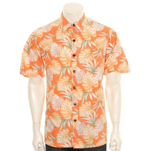 Men's Hilo Garden Reverse Print  Cotton Aloha Shirt ~ Orange