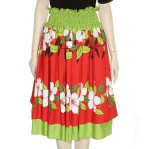 Hula Double Pa'u Skirt - White Hibiscus Red