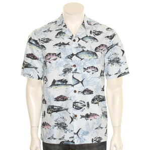 Hilo Hattie  Gone Fishing  Cotton Men's Aloha Shirt ~ Slate Blue