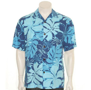 Hilo Hattie Royal Hibiscus Rayon Dobby Men's Aloha Shirt (542-70078)- Blue