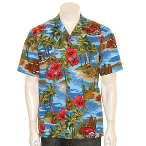 Vintage Woody Cotton Men's Aloha Shirt ~ Blue