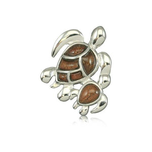 Sterling Silver Fancy Hawaiian Koa Wood Mom & Baby Honu Pendant