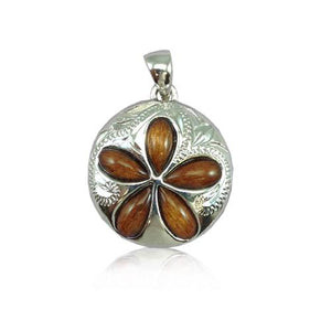 Sterling Silver Hawaiian Koa Wood Plumeria Sand Dollar Pendant~20MM