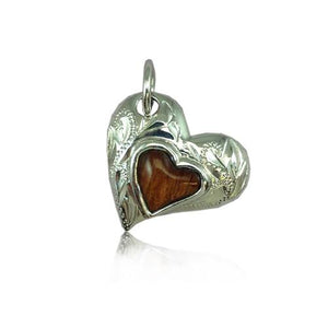 Sterling Silver Hawaiian Koa Wood Engraved Heart Shaped Pendant