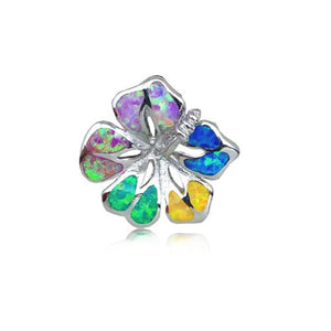 Sterling Silver Rainbow Opal Hibiscus Flower Pendant~18MM