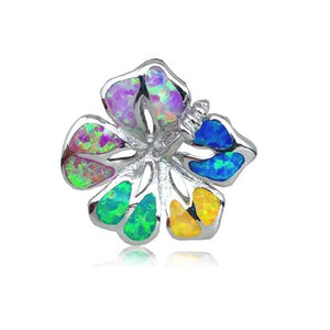 Sterling Silver Rainbow Opal Hibiscus Flower Pendant~25MM