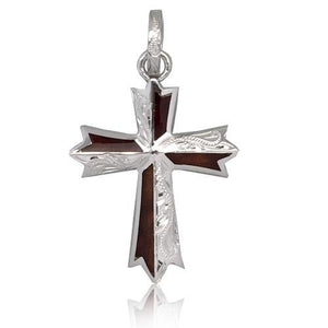 Sterling Silver Hawaiian Koa Wood Engraved Cross Pendant~Large