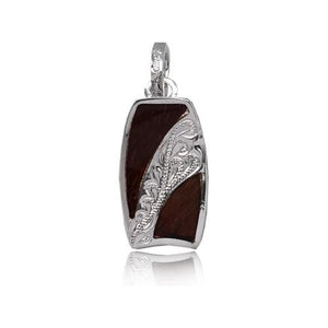 Sterling Silver Hawaiian Koa Wood Engraved Center Bodyboard Pendant