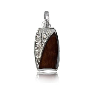 Sterling Silver Hawaiian Koa Wood Left Side Engraved Bodyboard Pendant