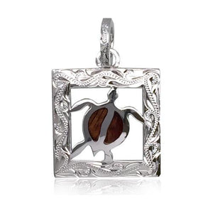 Sterling Silver Hawaiian Koa Wood Engraved Honu in Square Pendant