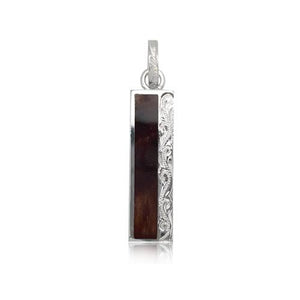 Sterling Silver Hawaiian Koa Wood Engraved Long Bar Pendant~Medium