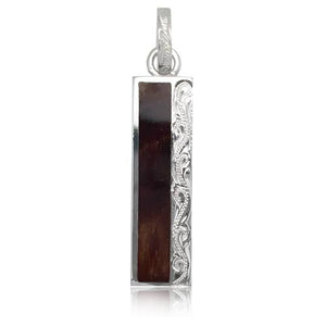 Sterling Silver Hawaiian Koa Wood Engraved Long Bar Pendant~Large