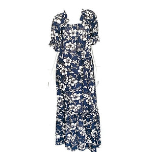 Classic Hibiscus Pareo Print Lorraine Long Muu Muu(626-p1272) ~ Navy