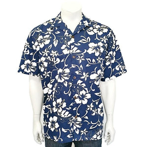 "The Hawaiian Original" Classic Hibiscus Pareo Open Collar Aloha Shirt ~ Navy