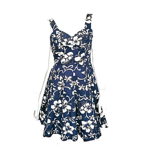 Classic Hibiscus Pareo Smock Back Sundress (TT748-p1272)~ Navy